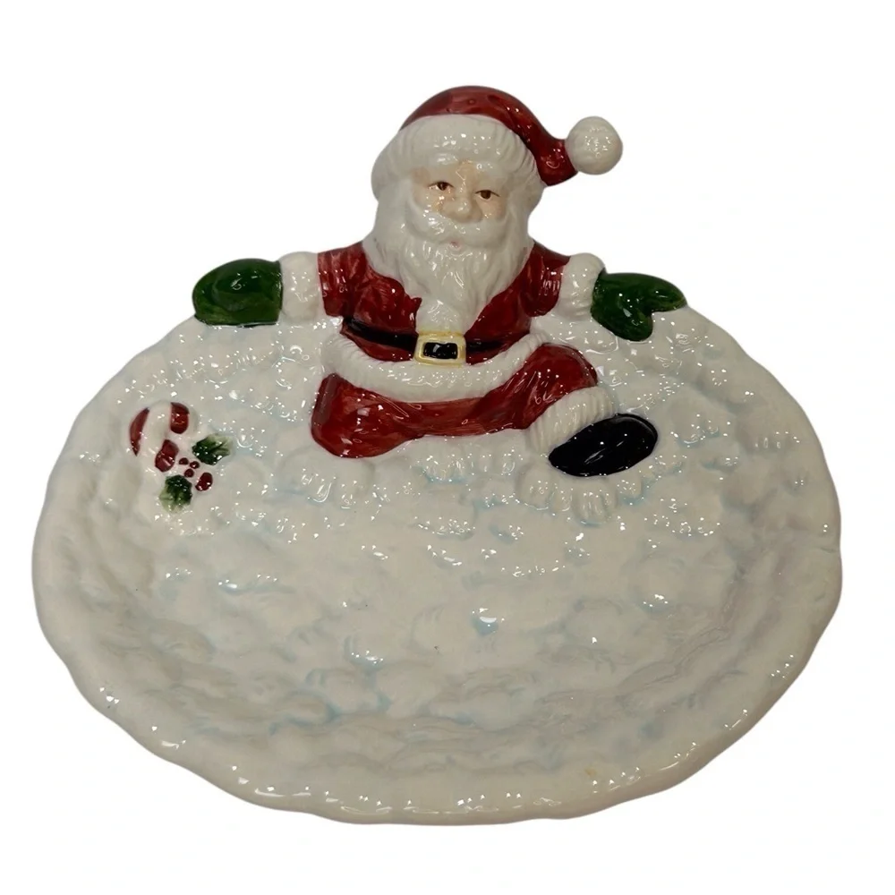 Santa on Snow Soap Dish/Candy Tray Christmas White/Red/Black Porcelain EUC